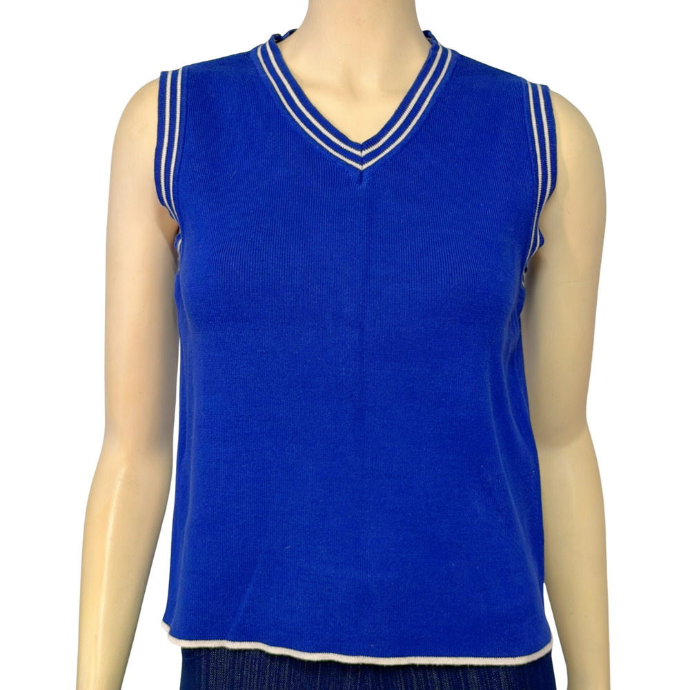Vtg 90's Liz Claiborne Sz M V-Neck Knit Sweater Vest Blue w/White Trim Preppy